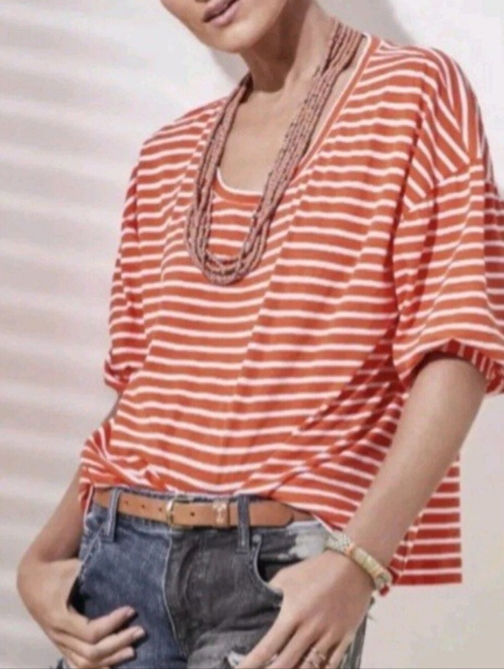Cabi Orange White Stripe Puff Sleeve Top Size XL